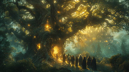 Wall Mural - illustration of mystical forest sanctuary inhabited ancient spirits wise druids guardian creatures where travelers seek wisdom healing and enlightenment amidst the whispering trees and sacred groves
