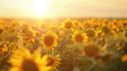 Wall Mural - Sunflower field for oil extraction with blurred background and room for text placement