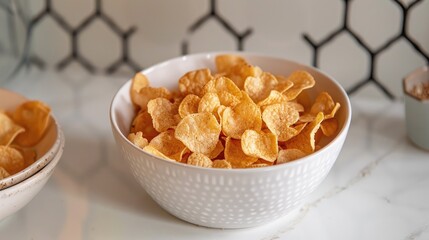 Wall Mural - Crispy corn flakes in a bowl on a white tiled table