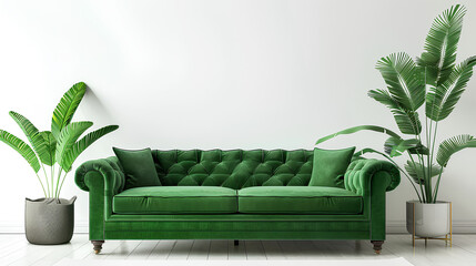 Wall Mural - Green sofa and decor in living room on white background