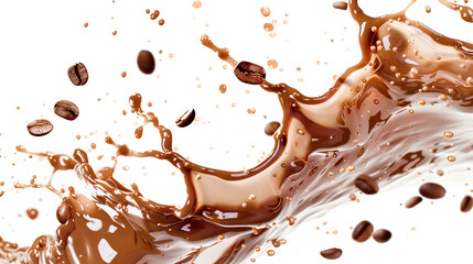 Wall Mural - Milk Brown coffee liquid swirl splash and little bubbles with falling coffee Beans isolated on white background, liquid fluid element flowing in form of wave