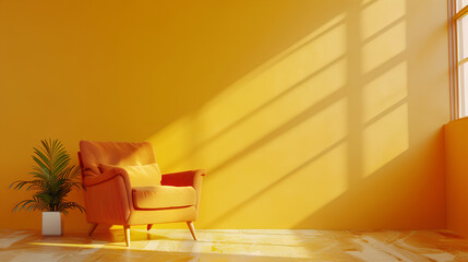 Wall Mural - Modern wooden living room with an orange armchair on empty yellow wall background