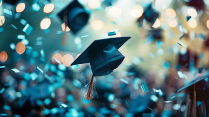Wall Mural - Graduation caps thrown in the air with blue confetti and bokeh lights in the background