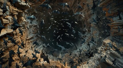 A mesmerizing aerial view of a bat colony soaring into a cave entrance, depicting the wonders of nature in flight.