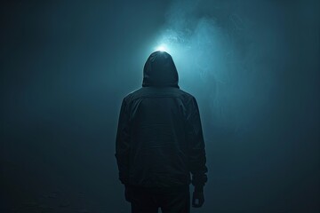 Rear view of a person in a hooded sweatshirt standing in a dark room with a beam of light shining on them