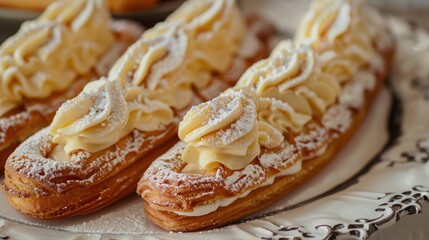 Poster - Close-up of beautifully crafted clairs filled with cream and dusted with powdered sugar, arranged on a dessert platter.
