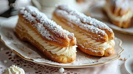 Poster - Close-up of beautifully crafted clairs filled with cream and dusted with powdered sugar, arranged on a dessert platter.