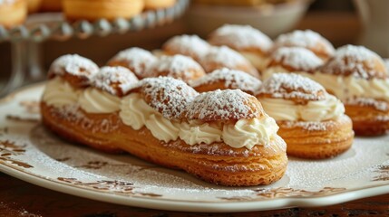Poster - Close-up of beautifully crafted clairs filled with cream and dusted with powdered sugar, arranged on a dessert platter.