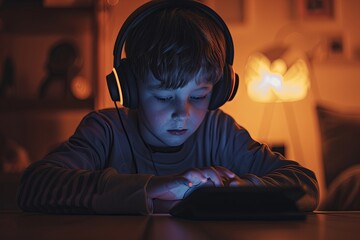 A young boy wearing headphones engrossed in using a tablet in a dimly lit room at night