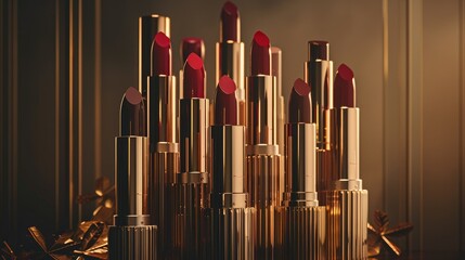 Exquisite lipstick tubes displayed in an elegant arrangement, evoking a sense of glamour and sophistication.