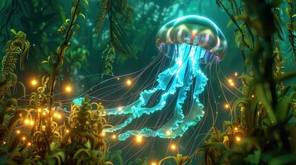 Wall Mural - A charming 3D cartoon jellyfish character with glowing tentacles, dancing through an underwater kelp forest, casting light around its path.