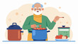 © Justlight - A retiree uses a slow cooker to create a hearty and wholesome stew that will provide several days worth of nutritious meals proving that healthy cooking can also be convenient.. Vector illustration
