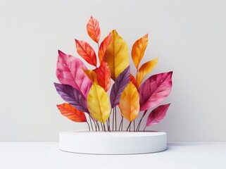 Wall Mural - White empty podium with colorful croton leaves on light background for product presentation, mockup. Front view. Minimalist scene
