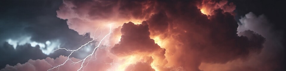 Wall Mural - Panoramic view, abstract lightning with fire and smoke in cloudy background