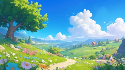 2d illustration depicting a charming spring landscape in a whimsical cartoon style featuring lush gr