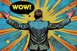 © SHOTPRIME STUDIO - A businessman marvels at a colorful comic book with the word wow, combining business and art in a captivating moment