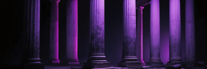 Wall Mural - roman greek columns with purple lighting on plain black background banner copyspace