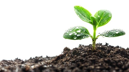 A close-up of a young seedling sprouting from rich, dark soil, with dewdrops glistening on its leaves against a clear white background