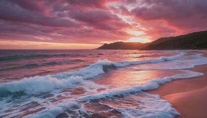 Soft pink sunset on a tropical beach. Small waves wash the sandy beach.