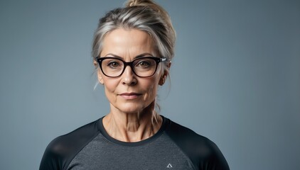 Poster - mature attractive glasses woman fitness trained lifestyle portrait on plain studio background