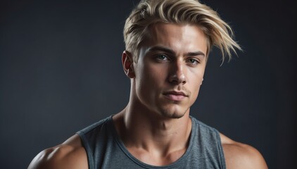 Wall Mural - young attractive blonde guy fitness trained lifestyle portrait on plain studio background
