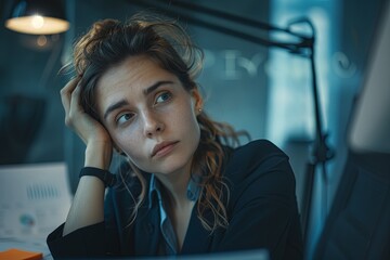 Poster - A woman sitting in front of a laptop computer, focused on her work
