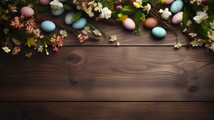 Wall Mural - Wooden table with Easter or spring theme. Eggs and colorful flowers with copy space. Generative AI