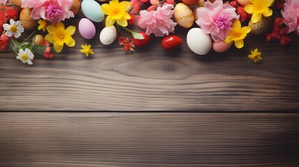 Wall Mural - Wooden table with eggs and colorful flowers with copy space. Generative AI