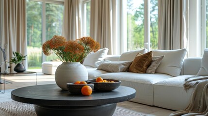 Clean geometric lines in a stylish living room, white couch, black coffee table, large window, natural light, minimalist decor, wide-angle, slightly elevated perspective