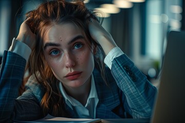 Poster - A tired businesswoman sitting in front of a laptop computer