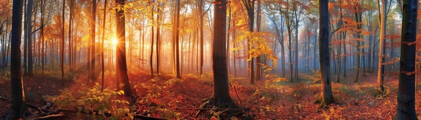 Wall Mural - Sunbeams Through Autumn Forest in Morning Mist