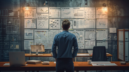 Wall Mural - A man stands in front of a wall of charts and graphs
