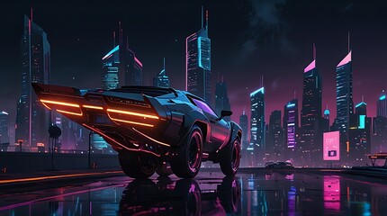 Canvas Print - dark blue and black futuristic car is parked on a wet road in a neon-lit city.