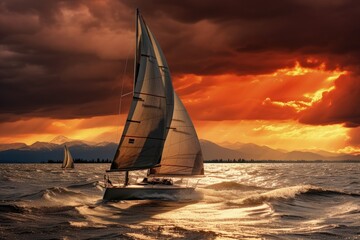 Sticker - a sailboat in the ocean with a sunset in the background