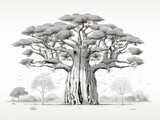 Black and white sketch of a majestic baobab tree, with detailed branches and trunk, set in a serene landscape.