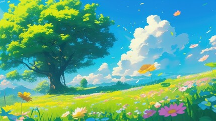 Wall Mural - 2d illustration of a vibrant summer scene with lush greenery a beautiful tree and colorful flowers under a sunny sky
