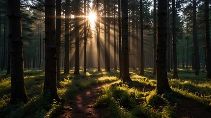Wall Mural -  shows tall tress in a forest with bright rays of sunlight shining through the trees