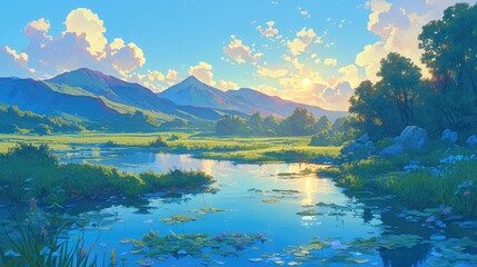 Wall Mural - Imagine a serene river landscape at daybreak captured in a picturesque painting the tranquil waters reflecting the early morning sun the sky ablaze with vibrant hues and majestic mountains 
