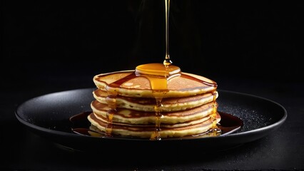 Wall Mural - Stacks of Golden Pancakes with Syrup, presented on a dark plate.