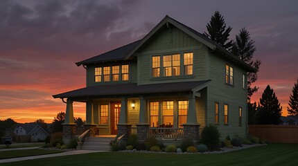 Wall Mural - shows a Craftsman-Style house with a gabled roof and a front porch.