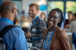 © Anna - Business conference networking session. A woman and men smiles at a conference. Group of diverse business people in background. Successful business people concept