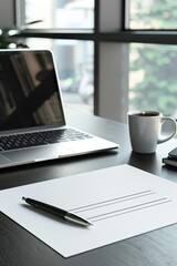 A blank business proposal document set on a modern desk with a laptop