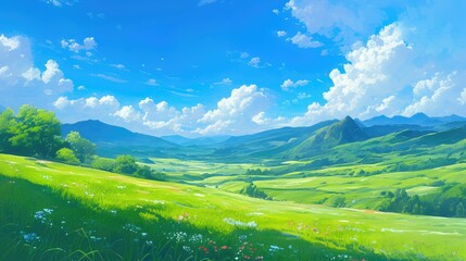 Canvas Print - Rolling green hills lush meadows and towering mountains set against a backdrop of a vast blue sky showcasing the untamed beauty of nature in summertime