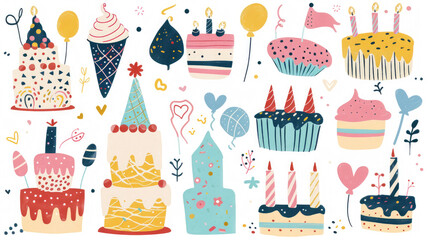 Wall Mural - various minimalist birthday cakes with rich colors in a bright flat children's graphic style on a white background 