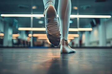 Close-up of a ballerinas feet in a dance studio, showcasing the grace and precision of her movements