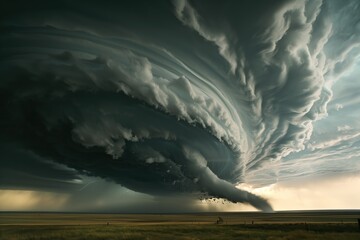 Sticker - a massive super cell thunderstorm with dark gray clouds and large vortices over the prairie 