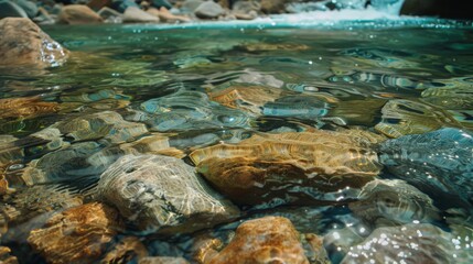 Wall Mural - High in the mountains, a river of crystal-clear water bubbles over large stones, fed by melting glacier ice.