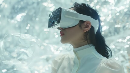 Wall Mural - In a white shirt, a woman with VR goggles ventures into the metaverse, blending the physical and virtual realms seamlessly