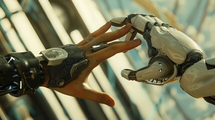 Poster - In the metaverse, the touching hands of a human and a robot illustrate the seamless integration of technology and human interaction