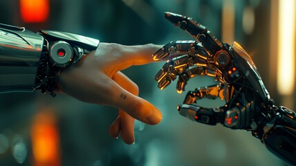 Poster - In the realm of the metaverse, the connection between a human hand and a robot hand illustrates the transformative power of technology bridging worlds
